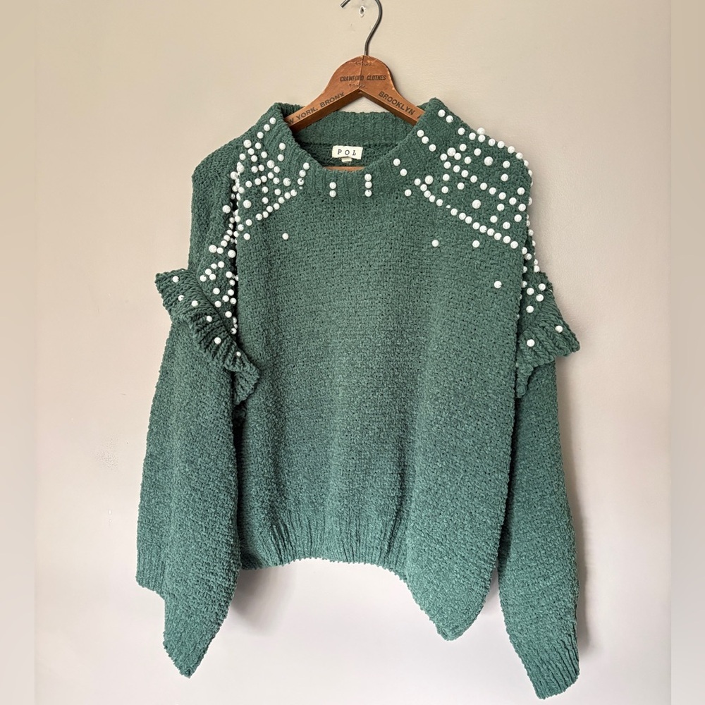 POL green chenille cropped sweater pearl embellished ruffle sleeves boho S EUC - Picture 9 of 15